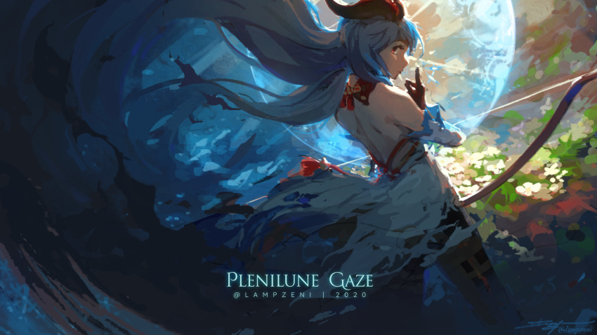 1girl artist_name back backlighting bare_shoulders black_gloves black_horns blue_hair bow_(weapon) closed_mouth dated detached_sleeves dress english_text flower ganyu_(genshin_impact) genshin_impact gloves goat_horns highres holding holding_bow_(weapon) holding_weapon horns light_blue_hair long_hair looking_at_viewer looking_back red_eyes signature solo thigh_strap torn torn_clothes torn_dress twitter_username very_long_hair weapon white_dress white_flower zeniyan