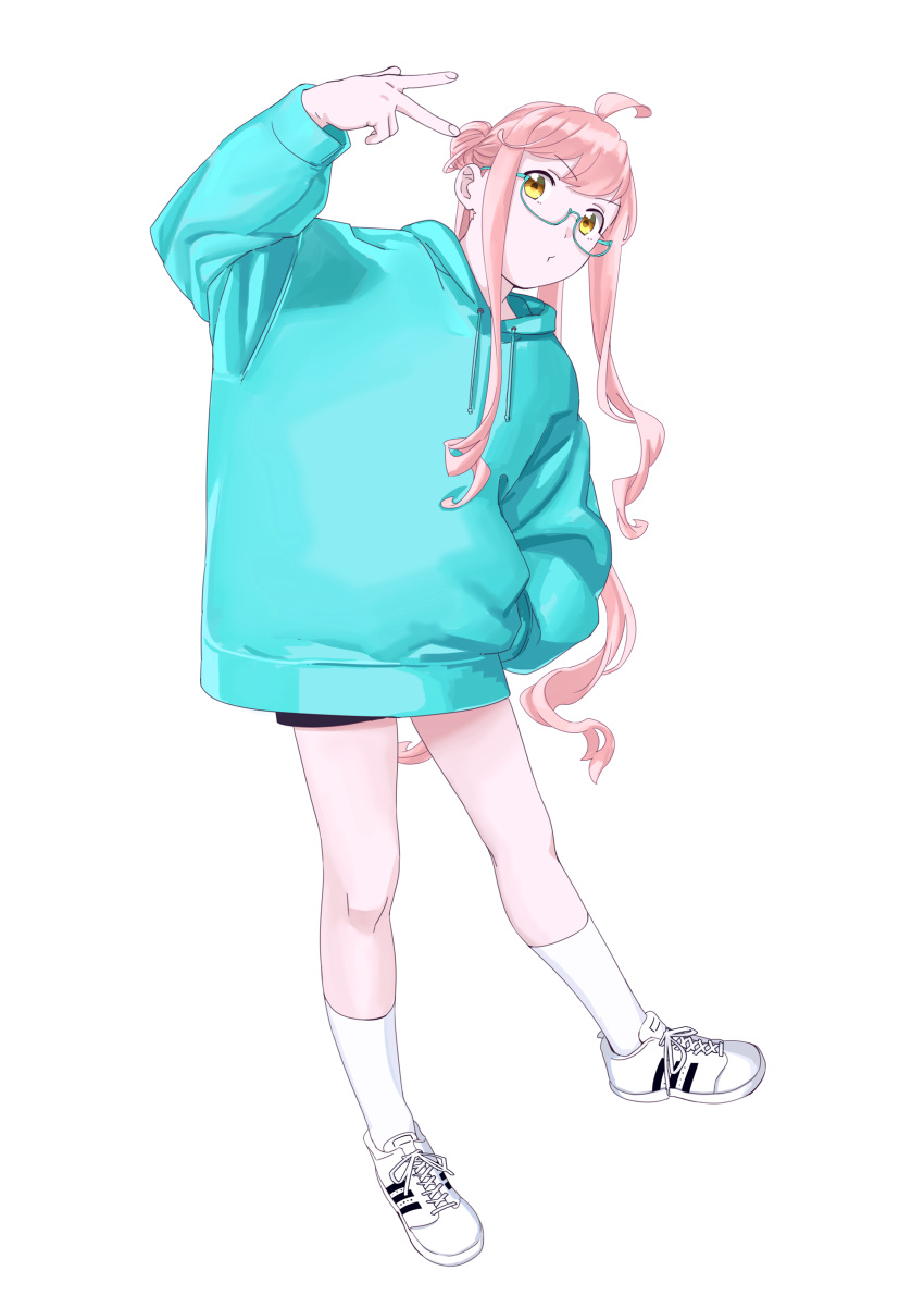 1girl absurdres ahoge alternate_costume blue-framed_eyewear blue_sweater double_bun full_body glasses highres kantai_collection kneehighs leaning_to_the_side long_sleeves looking_at_viewer makigumo_(kancolle) ojipon pink_hair shoes simple_background sneakers solo sweater twintails white_background white_footwear white_legwear yellow_eyes