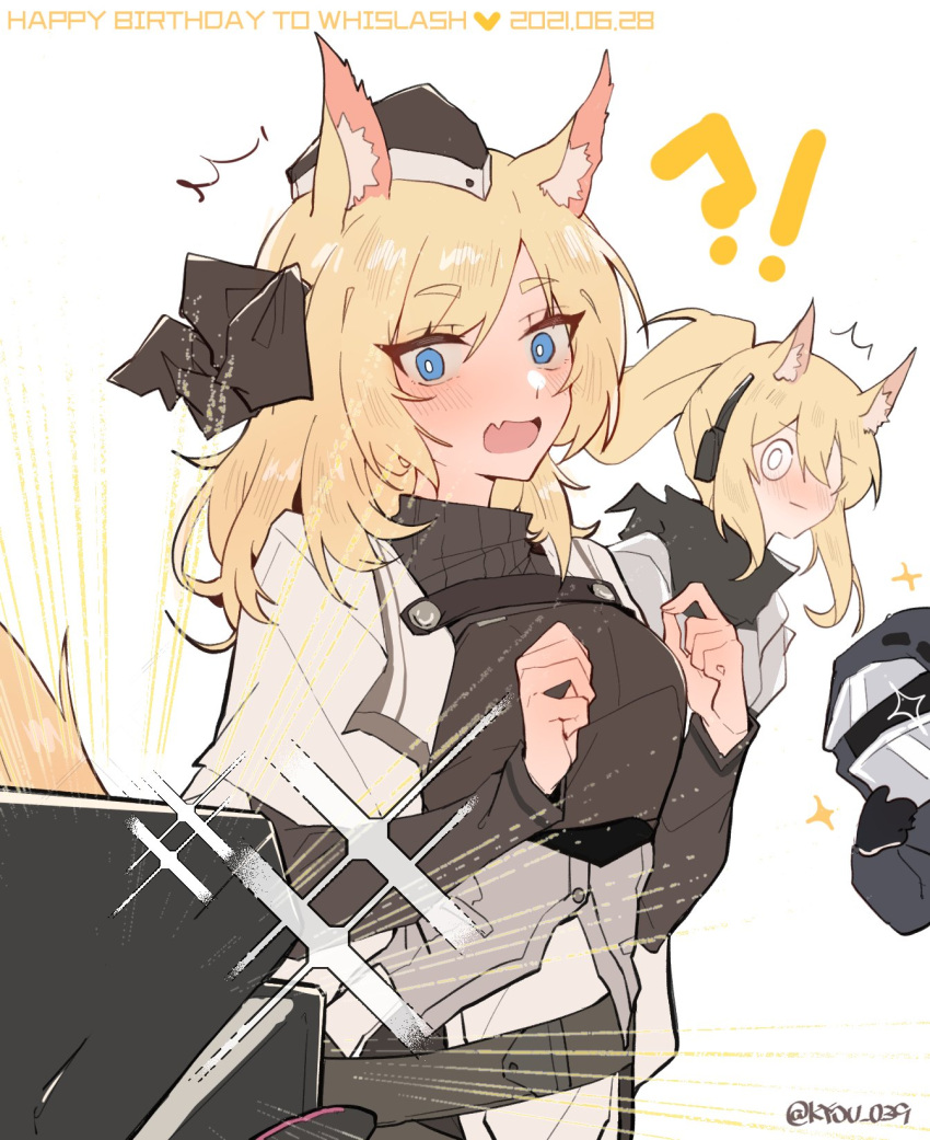 !? 1other 3girls ambiguous_gender animal_ear_fluff animal_ears arknights aunt_and_niece black_bow black_gloves black_headwear black_jacket black_shirt blonde_hair blue_eyes blush bow commentary dated doctor_(arknights) emphasis_lines english_text fang gloves hair_bow happy_birthday hat headset highres hood hood_up horse_ears horse_girl horse_tail jacket jewelry_box kyou_039 long_hair mask multiple_girls nearl_(arknights) open_mouth out_of_frame ponytail shirt skin_fang tail thick_eyebrows twitter_username whislash_(arknights) white_jacket