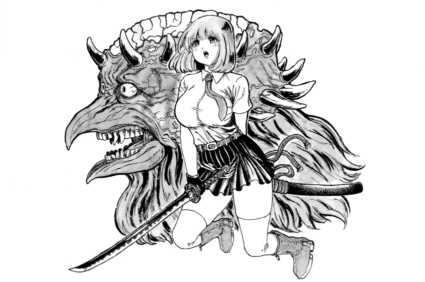 1girl absurdres bangs belt blush boots breasts collared_shirt commentary_request eyebrows_visible_through_hair full_body gloves greyscale highres holding holding_sword holding_weapon imori_(46296895) large_breasts monochrome monster monster_girl open_mouth original scabbard sheath shirt shirt_tucked_in short_hair simple_background skirt sword thigh-highs weapon