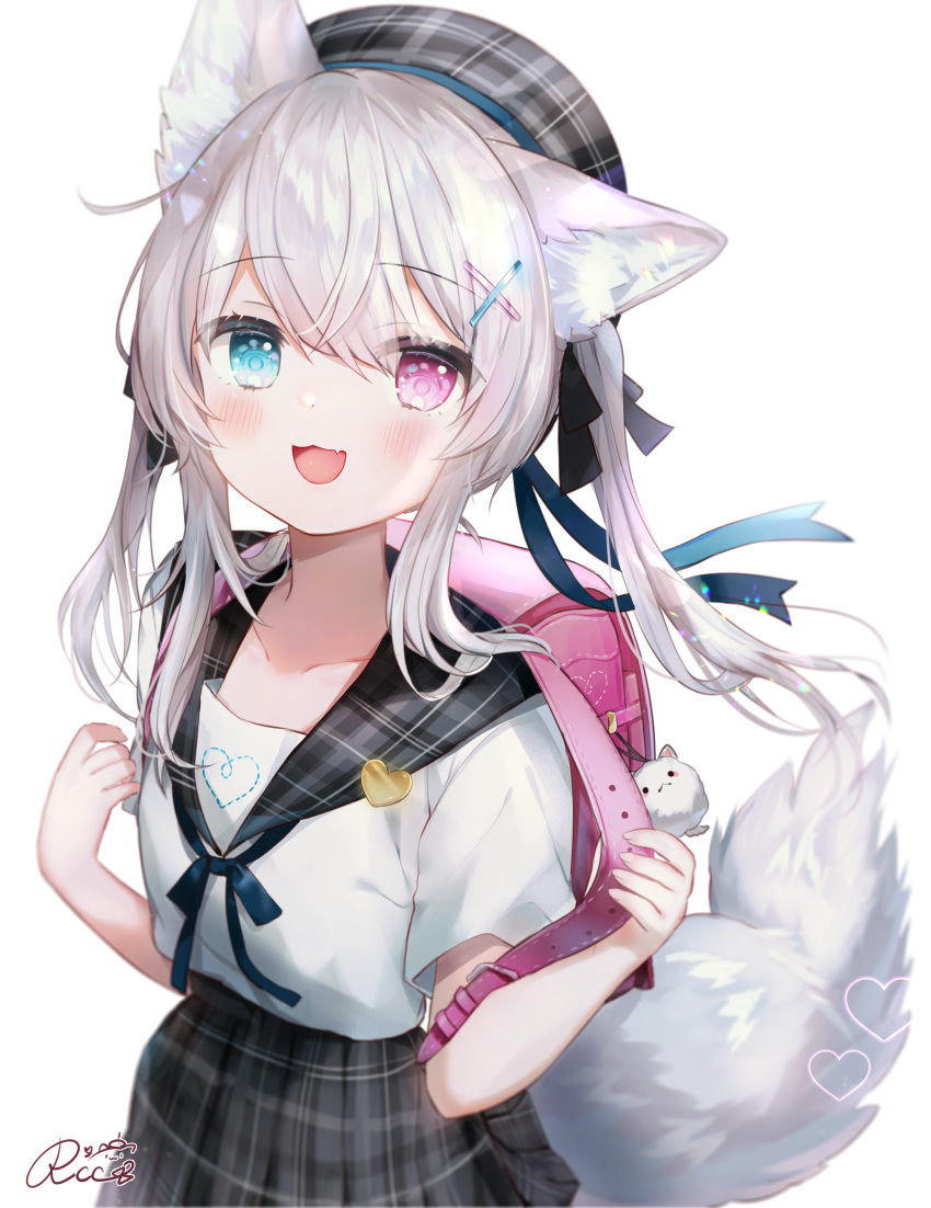 1girl :d absurdres animal_ear_fluff animal_ears backpack bag bangs beret blue_bow blue_eyes blush bow cat_ears collarbone commentary_request eyebrows_visible_through_hair fang grey_headwear grey_sailor_collar grey_skirt hair_between_eyes hair_ornament hairclip hat heart heterochromia highres long_hair looking_at_viewer open_mouth original pink_eyes plaid plaid_headwear plaid_sailor_collar plaid_skirt pleated_skirt randoseru rukako sailor_collar shirt short_sleeves silver_hair simple_background skirt smile solo tail twintails white_background white_shirt x_hair_ornament