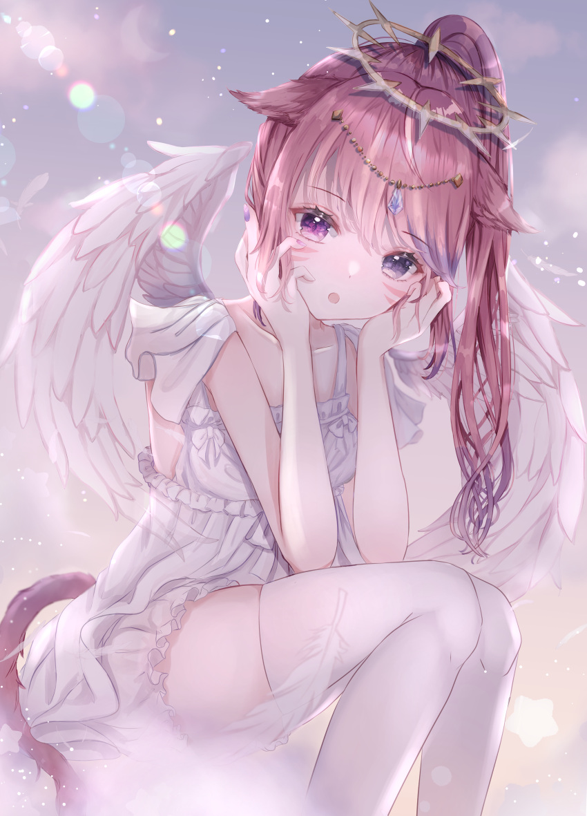 1girl absurdres angel_wings animal_ears bangs cat_ears cat_tail eyebrows_visible_through_hair facial_mark feathered_wings feathers final_fantasy final_fantasy_xiv halo head_chain head_on_hand heterochromia highres huge_filesize invisible_chair long_hair looking_at_viewer miqo'te open_mouth pink_hair sakura_mochiko sitting solo tail thigh-highs violet_eyes whisker_markings white_legwear wings