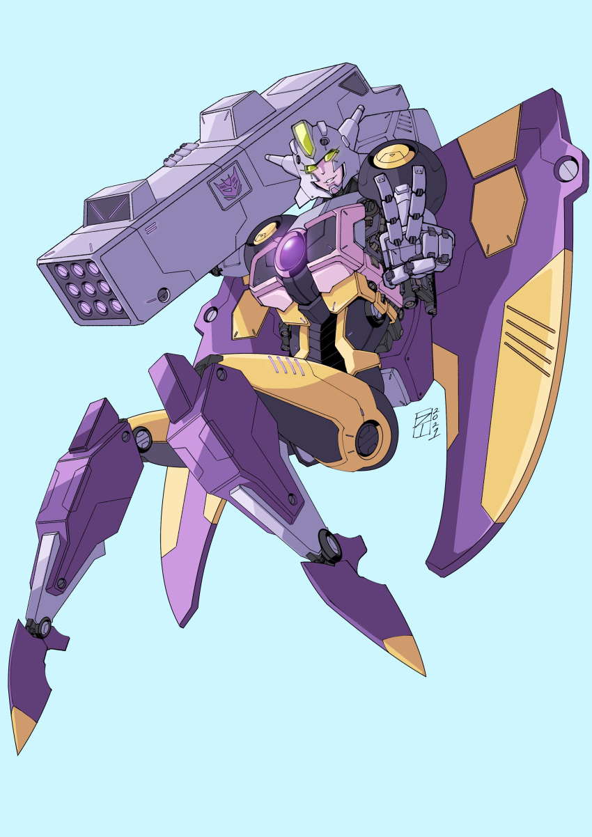 1girl absurdres blue_background commission decepticon highres insignia lextodrawstuff looking_at_viewer missile_pod no_humans parted_lips science_fiction smile thunderblast transformers transformers_cybertron v yellow_eyes