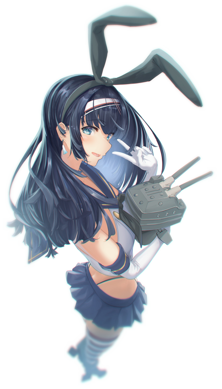 1girl absurdres animal_ears black_hair blue_skirt blush butt_crack cosplay earrings elbow_gloves fake_animal_ears from_above gloves hair_behind_ear highres holding jewelry looking_at_viewer miniskirt orange_(sal1014) perspective shimakaze_(kancolle) shimakaze_(kancolle)_(cosplay) shimanami_kakino skirt smile solo striped striped_legwear thigh-highs turret v virtual_kouhou_taishi_project virtual_youtuber white_background white_gloves