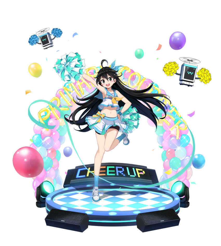 1girl :d absurdres ahoge armpits arms_up balloon bare_arms bare_shoulders bike_shorts black_eyes black_hair blue_legwear cheerleader counter_side crop_top crop_top_overhang drone full_body hand_on_hip highres holding holding_pom_poms huge_filesize leg_up long_hair looking_at_viewer midriff miniskirt navel neckerchief official_art open_mouth pleated_skirt pom_poms sailor_collar shirt shoes shorts shorts_under_skirt skirt sky_rayfield sleeveless sleeveless_shirt smile sneakers socks solo standing standing_on_one_leg stomach sweatband thighs transparent_background very_long_hair white_footwear white_shirt white_skirt