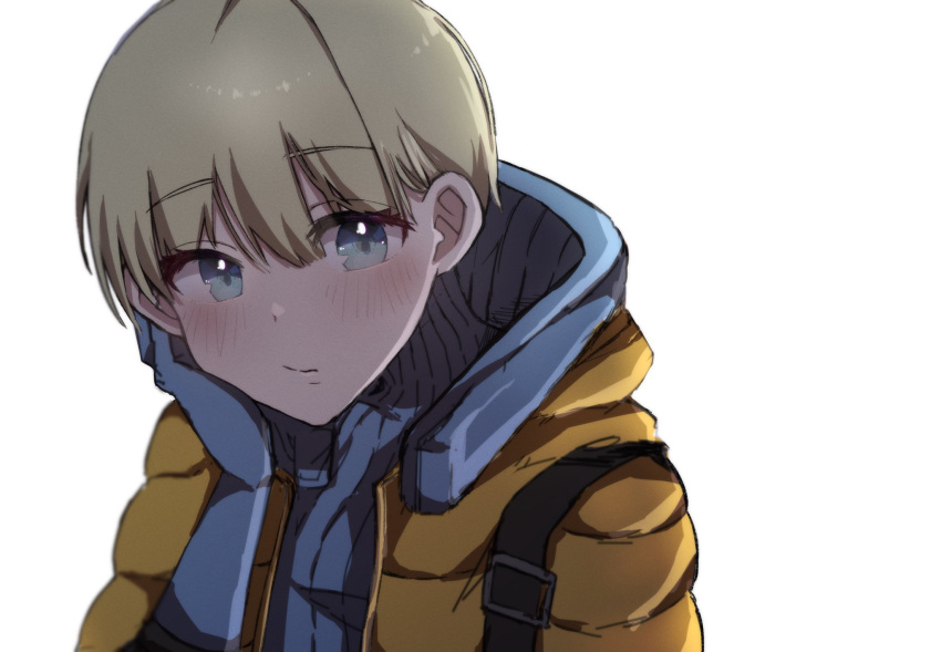 1girl apex_legends bangs blonde_hair blue_bodysuit blue_gloves blush bodysuit expressionless eyebrows_visible_through_hair gloves hair_behind_ear hand_on_own_cheek hand_on_own_face highres hood hooded_jacket jacket kanna_yuzu looking_to_the_side orange_jacket short_hair solo upper_body wattson_(apex_legends) white_background