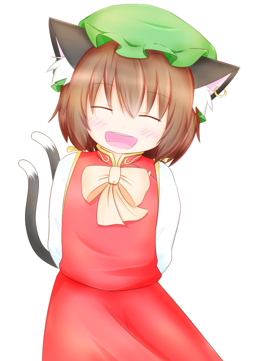 1girl animal_ear_fluff animal_ears bow bowtie brown_hair cat_ears cat_tail chen closed_eyes cowboy_shot dress gold_trim happy hat highres jewelry leaning_to_the_side mob_cap multiple_tails nekomata open_mouth red_dress short_hair simple_background single_earring smile solo tail touhou two_tails uru_(uru0301) white_background yellow_neckwear