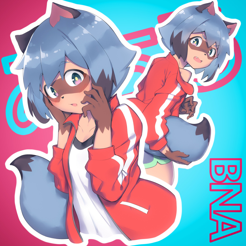1girl absurdres animal_ears bangs blouse blue_fur blue_hair brand_new_animal breasts brown_eyes coffeiz_p collarbone copyright_name cropped_legs fang hands_on_own_face highres holding_tail kagemori_michiru multiple_views open_mouth raccoon_ears raccoon_girl raccoon_tail red_blouse shirt short_hair sidelocks small_breasts surprised tail upper_body white_shirt