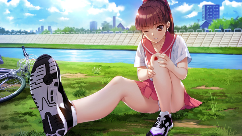 1girl bangs bicycle blood blunt_bangs blurry blurry_background brown_eyes brown_hair bruise clenched_teeth clouds collarbone collared_shirt day doukyuusei eyebrows_visible_through_hair game_cg ground_vehicle hair_ribbon highres injury long_hair miniskirt official_art one_eye_closed outdoors panties pantyshot pink_sailor_collar pink_skirt pleated_skirt ponytail red_ribbon ribbon riverbank sailor_collar sailor_shirt shiny shiny_hair shirt shoes short_sleeves skirt sneakers solo sumeragi_kohaku tanaka_misa teeth underwear white_panties white_shirt