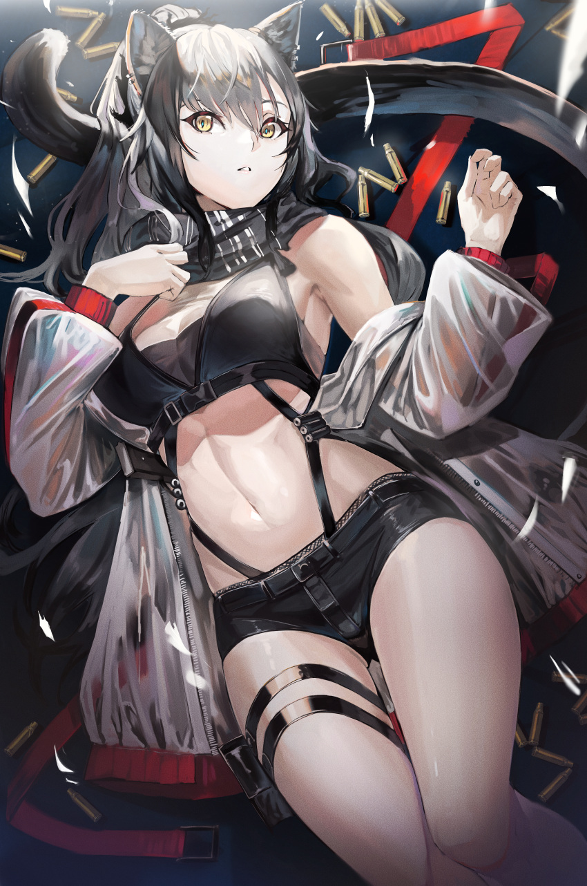 1girl absurdres animal_ears arknights bangs bare_shoulders black_scarf black_shorts breasts bullet cat_ears cat_tail commentary_request crop_top groin highres huge_filesize long_hair long_sleeves looking_at_viewer medium_breasts micro_shorts midriff navel off_shoulder parted_lips partial_commentary scarf schwarz_(arknights) shorts silver_hair solo stomach tail thigh_strap thighs yellow_eyes you-6-11