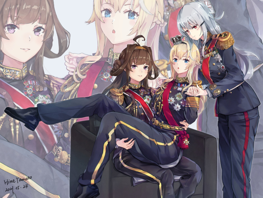 3girls ahoge alternate_costume artist_name black_hairband blonde_hair blue_eyes blush braid crown dated double_bun epaulettes eyebrows_visible_through_hair french_braid gangut_(kancolle) grey_background grey_eyes grey_hair hair_between_eyes hair_ornament hairband hairclip highres himeyamato kantai_collection kongou_(kancolle) long_hair long_sleeves military military_uniform mini_crown multiple_girls open_mouth orange_eyes signature simple_background uniform violet_eyes warspite_(kancolle) zoom_layer