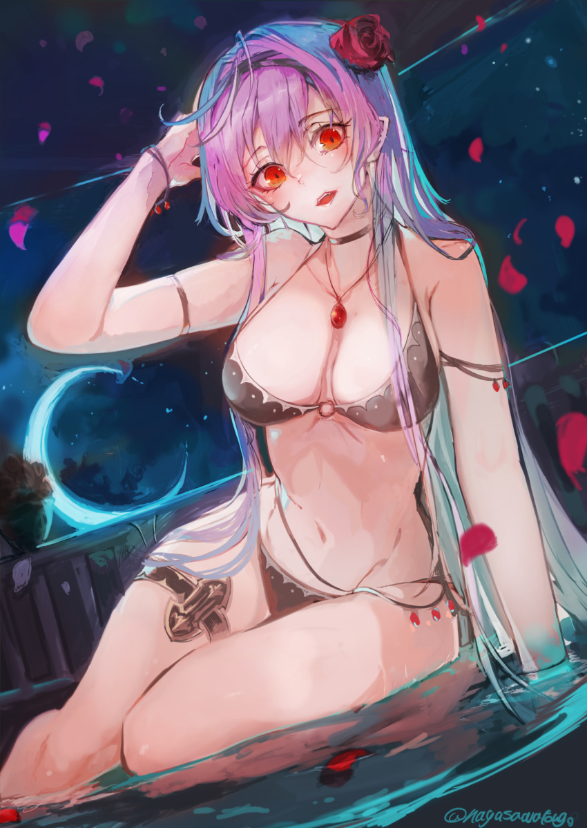 1girl bangs bikini black_bikini black_choker bracelet breasts choker crescent_moon flower hair_between_eyes hair_flower hair_ornament hairband highres jewelry large_breasts long_hair moon nagasawa_tougo necklace night open_mouth original outdoors partially_submerged petals pointy_ears purple_hair red_eyes red_flower red_rose rose sidelocks sitting sky solo star_(sky) starry_sky swimsuit thigh_strap vampire very_long_hair water