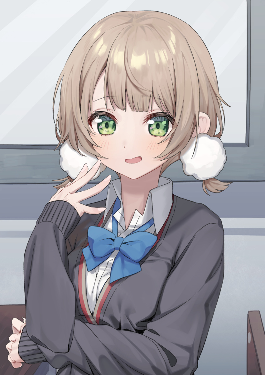 1girl absurdres bangs black_jacket blue_bow blue_neckwear blush bow brown_hair collared_shirt commentary_request eyebrows_visible_through_hair green_eyes hair_pom_pom hand_up highres indie_virtual_youtuber indoors jacket long_sleeves looking_at_viewer open_mouth school_uniform shigure_ui_(vtuber) shirt short_hair smile solo syhan upper_body virtual_youtuber white_shirt