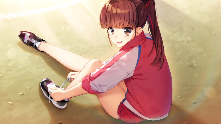 1girl :d bangs black_footwear blunt_bangs brown_eyes brown_hair day dolphin_shorts doukyuusei eyebrows_visible_through_hair game_cg hair_ribbon highres jacket long_hair long_sleeves official_art open_mouth outdoors pink_jacket ponytail red_ribbon red_shorts ribbon shiny shiny_hair shoes short_shorts shorts sitting smile sneakers solo sumeragi_kohaku tanaka_misa tying_footwear