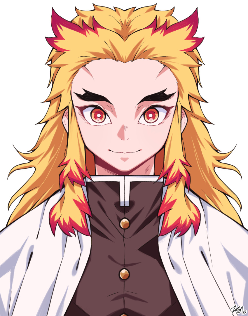 1boy black_jacket blonde_hair cape closed_mouth commentary_request forehead highres jacket kimetsu_no_yaiba korean_commentary looking_at_viewer male_focus multicolored_hair red_eyes redhead rengoku_kyoujurou signature simple_background smile solo streaked_hair thick_eyebrows tosyeo upper_body white_background white_cape