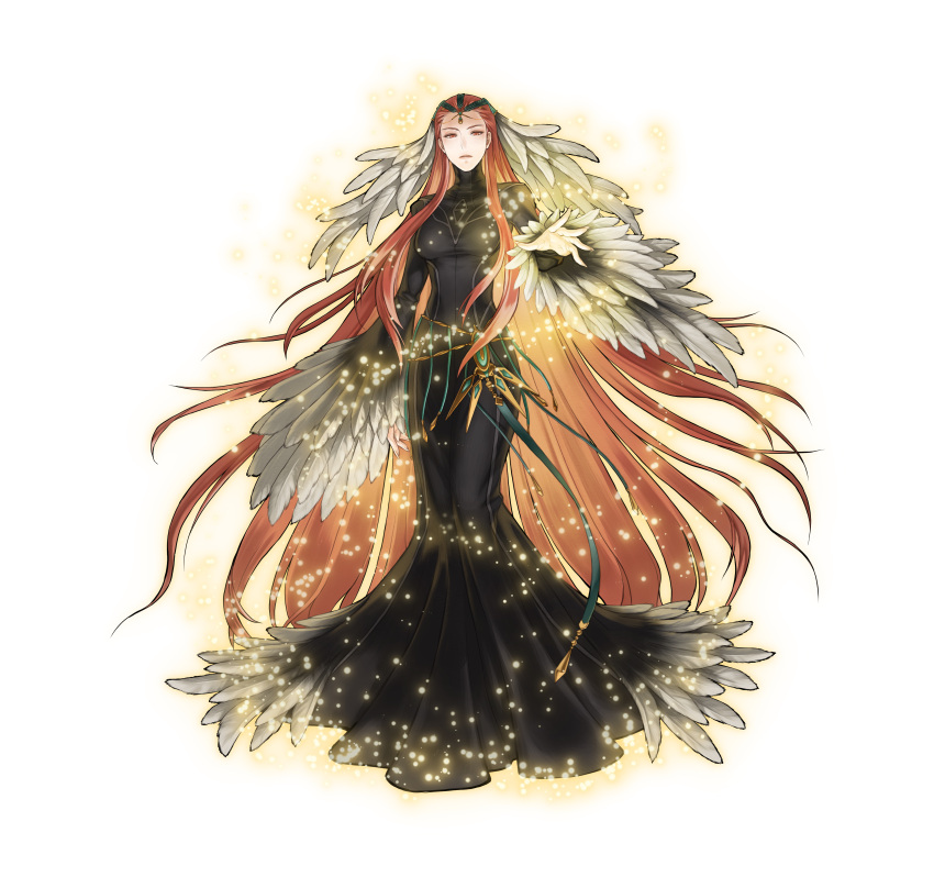 1girl absurdres ashera_(fire_emblem) black_dress breasts circlet commentary_request dress feather_trim fire_emblem fire_emblem:_radiant_dawn fire_emblem_heroes full_body gem gradient gradient_clothes hair_ornament hand_up highres jewelry kita_senri long_dress long_hair long_sleeves looking_at_viewer medium_breasts official_art parted_lips red_eyes redhead simple_background solo standing turtleneck very_long_hair white_background
