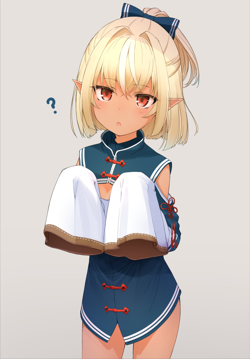 1girl :o ? absurdres bangs basa_rutan blonde_hair blue_bow blue_dress bow commentary_request dress eyebrows_visible_through_hair grey_background hair_between_eyes hair_bow high_ponytail highres hololive long_sleeves looking_at_viewer multicolored_hair parted_lips pointy_ears ponytail red_eyes shiranui_flare simple_background sleeves_past_fingers sleeves_past_wrists solo standing streaked_hair virtual_youtuber white_hair younger