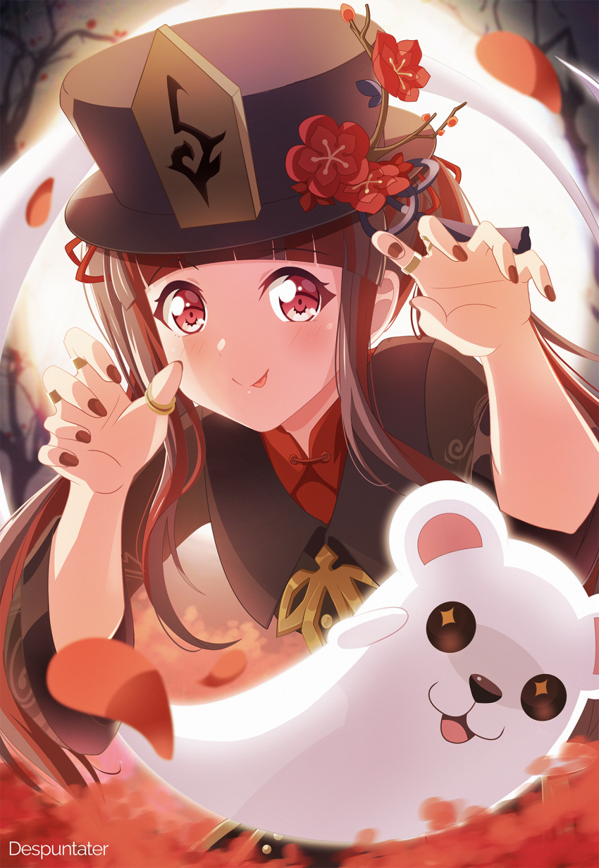 1girl :p artist_name bang_dream! bangs black_coat black_hair black_headwear black_nails blunt_bangs blush chinese_clothes closed_mouth coat collared_coat collared_shirt cosplay despuntater english_commentary eyebrows_visible_through_hair flower full_moon genshin_impact ghost ghost_pose hat hat_flower hat_ornament highres hu_tao_(genshin_impact) hu_tao_(genshin_impact)_(cosplay) jewelry long_hair long_sleeves looking_at_viewer michelle_(bang_dream!) moon multicolored_hair multiple_rings nail_polish night nyubara_reona plum_blossoms porkpie_hat red_eyes red_flower red_shirt redhead ring shirt sidelocks smile solo_focus standing talisman tassel thumb_ring tongue tongue_out twintails two-tone_hair upper_body