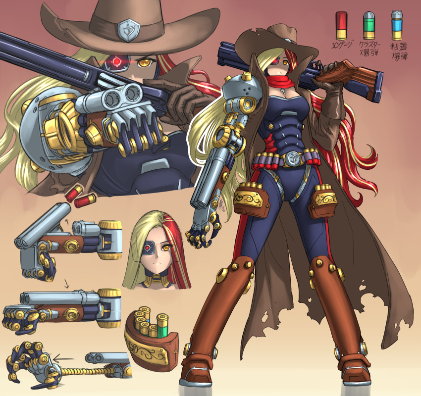 1girl arm_cannon artificial_eye belt blonde_hair cowboy_hat cross cross_necklace cyborg doom_(series) english_commentary gloves glowing glowing_eye grappling_hook gun hat highres jewelry joints long_coat long_hair mechanical_eye multicolored_hair necklace orange_eyes over_shoulder personification prosthesis prosthetic_arm redhead reloading robot_joints scarf shotgun shotgun_shells standing substance20 torn_clothes torn_coat two-tone_hair weapon weapon_over_shoulder