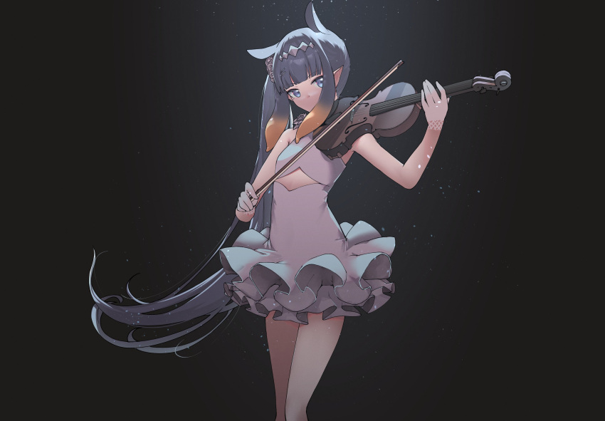 1girl bangs blue_eyes blunt_bangs dress eyebrows_visible_through_hair hair_behind_ear hair_flaps highres hololive hololive_english instrument long_hair lyrinne mole mole_under_mouth music ninomae_ina'nis playing_instrument pointy_ears side_ponytail solo tentacle_hair very_long_hair virtual_youtuber white_dress