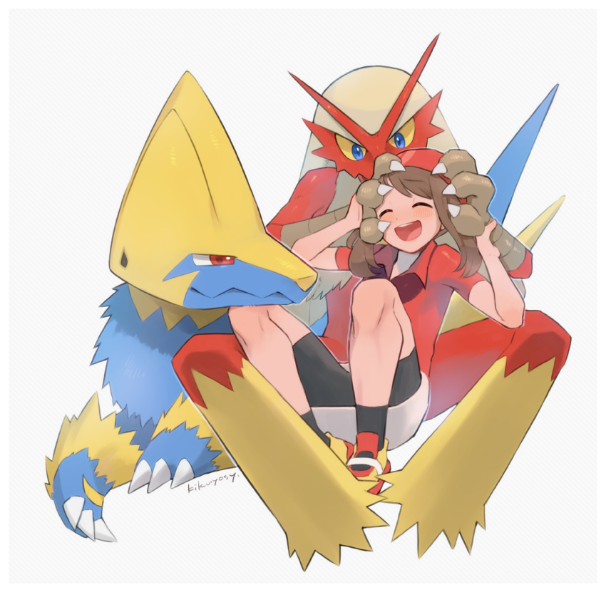 1girl bangs bike_shorts black_legwear blaziken blush brown_hair closed_eyes collared_shirt commentary_request gen_3_pokemon happy highres kikuyoshi_(tracco) long_hair manectric may_(pokemon) open_mouth pokemon pokemon_(creature) pokemon_(game) pokemon_rse red_bandana red_shirt shirt shoes short_sleeves signature skirt socks tongue upper_teeth white_background |d