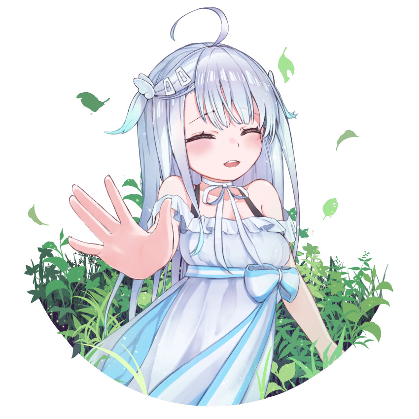 1girl absurdres ahoge amatsuka_uto blush detached_sleeves dip-dyed_hair dress hair_ornament hairclip highres indie_virtual_youtuber leaf off-shoulder_dress off_shoulder open_mouth ribbon twintails tyaba_ryuu upper_body vegetation virtual_youtuber waving white_dress white_hair wing_hair_ornament