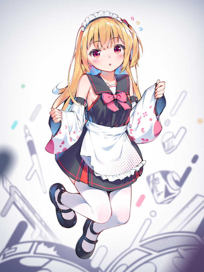 1girl apron bangs black_dress black_footwear blonde_hair blunt_bangs bow bowtie breasts coffeiz_p collarbone collared_dress colored_inner_hair detached_sleeves dress floral_print frilled_apron frills highres ink_bottle jumping knife light_blush long_hair looking_at_viewer maid maid_headdress multicolored_hair one_side_up open_mouth original pen pink_bow red_eyes short_dress side_ponytail sideboob sidelocks sleeveless sleeveless_dress sleeves_past_wrists small_breasts solo thigh-highs two-tone_hair waist_apron white_background white_legwear wide_sleeves