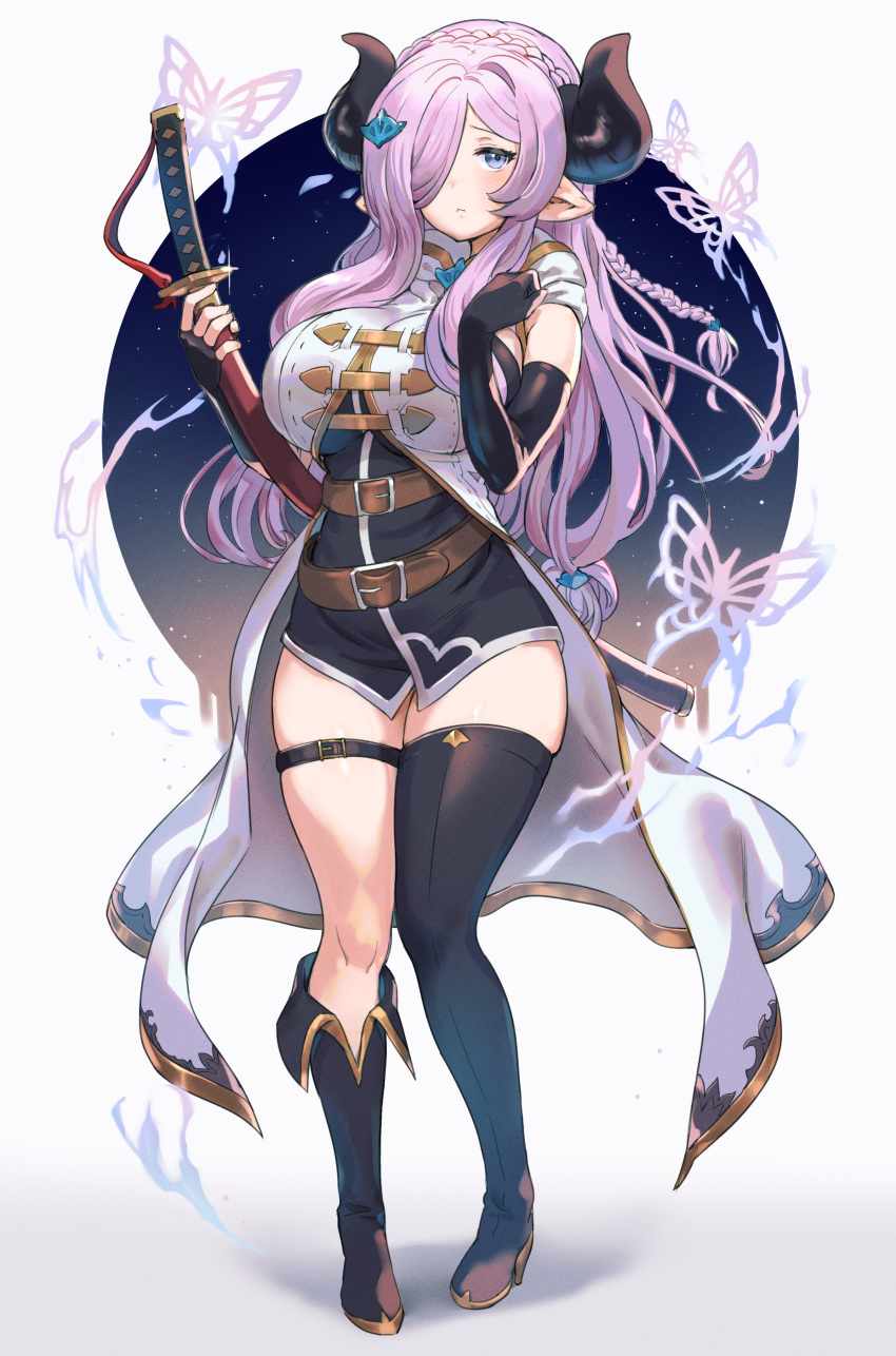 1girl absurdres asymmetrical_footwear bangs belt blue_eyes blush boots braid closed_mouth coat commentary_request draph elbow_gloves fingerless_gloves full_body gloves granblue_fantasy hair_ornament hair_over_one_eye high_heels highres horns katana knee_boots long_hair looking_at_viewer multiple_belts narmaya_(granblue_fantasy) oh_(aung_ae) pink_hair pointy_ears shadow shiny shiny_skin simple_background sleeveless standing sword thigh-highs thigh_boots thigh_strap thighs tied_hair weapon