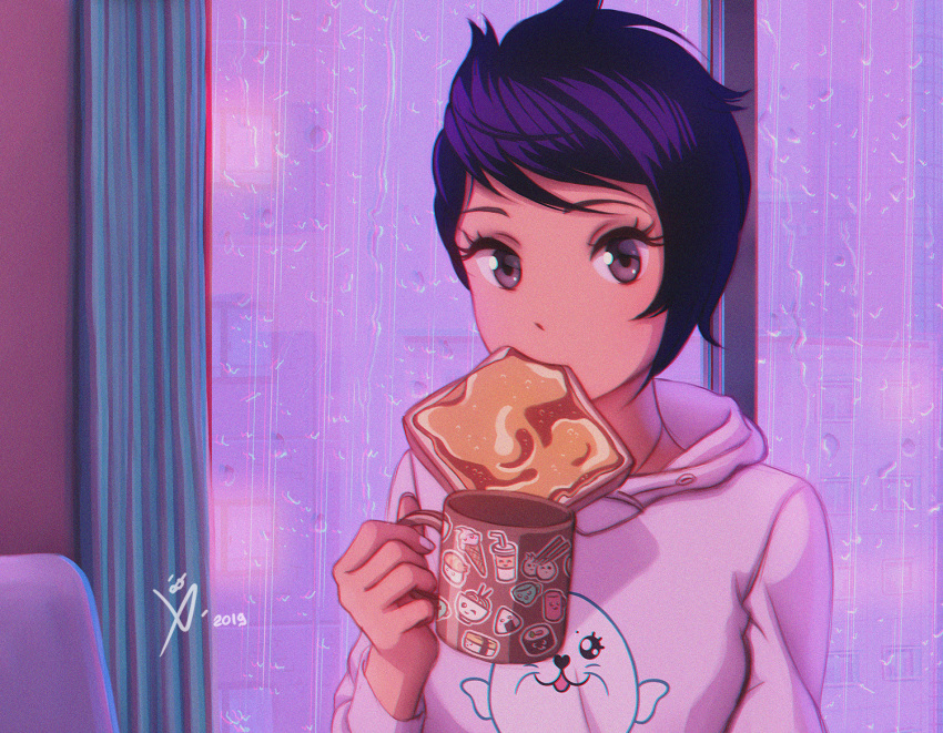 1girl animal_print black_eyes black_hair breakfast character_request copyright_request cup eyelashes food food_in_mouth food_print holding holding_cup japan leo_queval looking_at_viewer mouth_hold portrait rain seal short_hair signature solo tan toast toast_in_mouth