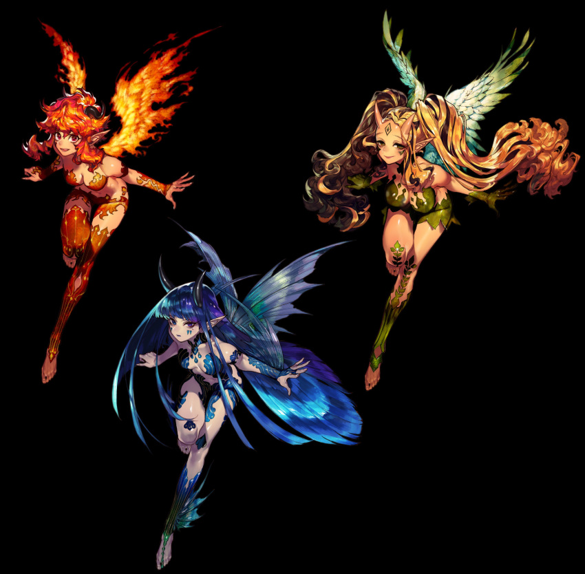 3girls :d absurdres barefoot black_background blonde_hair blue_eyes blue_hair breasts closed_mouth fairy feathered_wings fiery_wings flying green_eyes heart heart-shaped_pupils heterochromia highres horns long_hair looking_at_viewer medium_breasts mole mole_under_eye mole_under_mouth multiple_girls navel open_mouth original pigeon666 pointy_ears red_eyes red_legwear redhead sandals simple_background skin-covered_horns small_breasts smile symbol-shaped_pupils thigh-highs toenails twintails very_long_hair violet_eyes wings