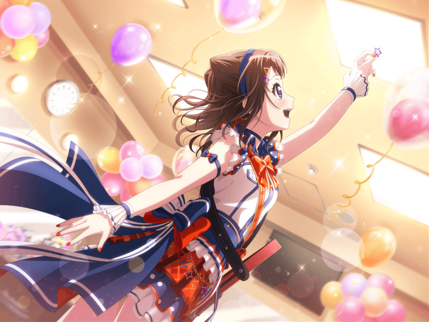 1girl balloon bang_dream! brown_hair clock dress flower holding official_art open_mouth orange_nails short_hair smile solo sparkle star_hair_ornament television toyama_kasumi violet_eyes