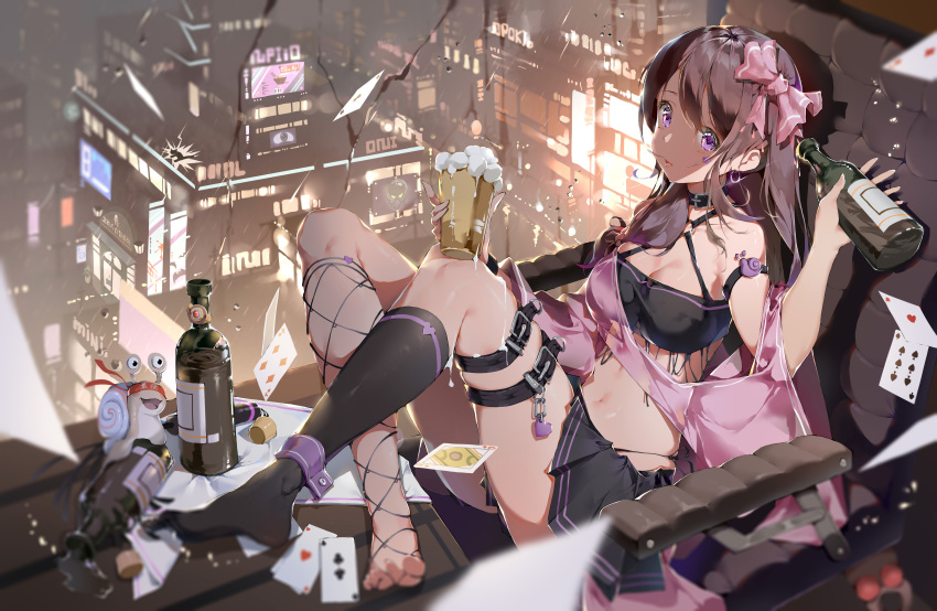 1girl absurdres bandeau bangs black_bra black_legwear black_skirt bodhi_wushushenghua bottle bra brown_hair card chinese_commentary city commentary_request copyright_request cup fishnet_legwear fishnets full_body hand_up highres holding holding_bottle holding_cup kneehighs long_hair looking_at_viewer mismatched_legwear o-ring o-ring_top playing_card pleated_skirt sitting skirt snail solo thigh_strap underwear violet_eyes