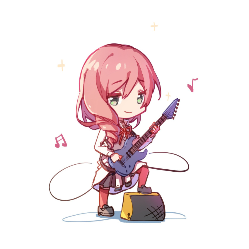 1girl amplifier_(instrument) bang_dream! bangs beamed_sixteenth_notes cable chibi closed_mouth clothes_around_waist collared_shirt drill_hair eighth_note electric_guitar eyebrows_visible_through_hair full_body green_eyes grey_footwear grey_skirt grey_vest guitar hair_between_eyes hair_over_shoulder highres holding holding_instrument holding_plectrum instrument jacket jacket_around_waist kudou_haruka_(seiyuu) leg_up long_hair long_sleeves looking_at_viewer miniskirt music musical_note neck_ribbon pink_hair playing_instrument pleated_skirt plectrum red_legwear red_neckwear red_ribbon ribbon school_uniform seiyuu_connection shadow shiny shiny_hair shirt shoes shoujo_kageki_revue_starlight shoujo_kageki_revue_starlight_-re_live- simple_background skirt smile solo sparkle standing thigh-highs tsuruhime_yachiyo vest walluku white_background white_jacket white_shirt