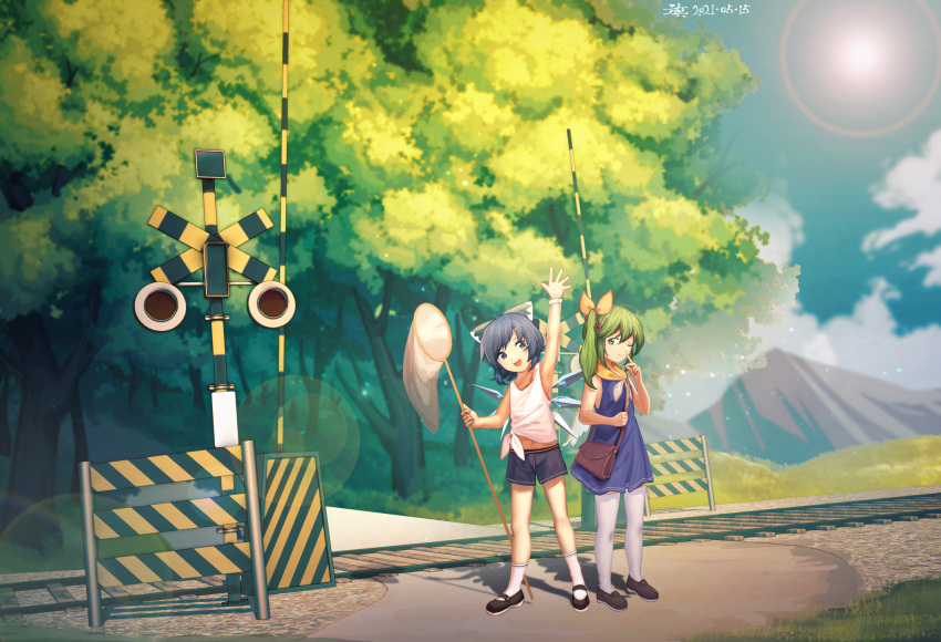 2girls :d ;) alternate_costume arm_up bag bare_arms barricade black_footwear blue_bow blue_dress blue_eyes blue_hair blue_shorts blurry blurry_background bow brown_footwear butterfly_net calf_socks chinese_commentary cirno closed_mouth commentary_request contemporary daiyousei dated day denim denim_shorts dress fairy_wings finger_to_cheek forest furahata_gen green_eyes green_hair hair_bow hair_ornament hairclip hand_net hand_up handbag highres holding lens_flare loafers looking_at_viewer mary_janes mountain multiple_girls nature one_eye_closed one_side_up open_mouth outdoors partial_commentary pinafore_dress pointing pointing_up railroad_crossing railroad_signal railroad_tracks sailor_collar shadow shirt shoes short_hair shorts sidewalk signature sleeveless sleeveless_dress sleeveless_shirt smile standing summer sun thigh-highs tied_shirt touhou white_legwear white_shirt white_wristband wide_shot wings wristband yellow_sailor_collar