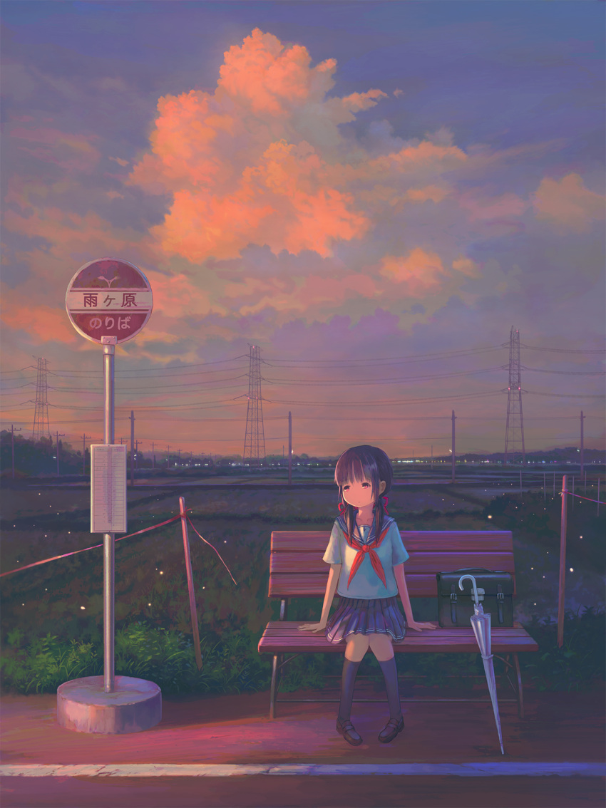 1girl bag bag_removed bangs bench black_legwear blue_skirt blue_sky blunt_bangs brown_footwear bus_stop clouds cloudy_sky commentary_request evening feel_(nasitaki) grass hair_ribbon highres kneehighs knees_together_feet_apart light_particles loafers long_hair on_bench original outdoors pigeon-toed pleated_skirt power_lines red_eyes red_neckwear red_ribbon ribbon rice_paddy road_sign rural scenery school_uniform serafuku shoes short_sleeves sign sitting sitting_on_bench skirt sky solo translation_request transmission_tower transparent transparent_umbrella twintails umbrella utility_pole white_serafuku wide_shot