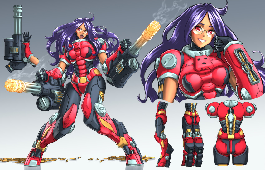 1girl ahoge arm_cannon cyberpunk cyborg digitigrade doom_(series) english_commentary full_body gatling_gun glasses gradient gradient_background grey_background grin gun highres long_hair personification purple_hair red_eyes shell_casing smile smoke smoking_gun standing substance20 upper_teeth weapon