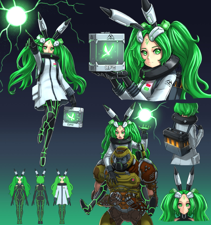 1boy 1girl :o animal_ears bfg_9000 bfg_9000_(personification) bodysuit bug butterfly coat container cyborg doom_(series) doom_eternal doomguy energy_ball english_commentary facial_mark fake_animal_ears forehead_mark glowing_butterfly gradient gradient_background green_eyes green_hair green_theme highres insect neon_trim personification power_armor rabbit_ears sitting_on_shoulder substance20 twintails