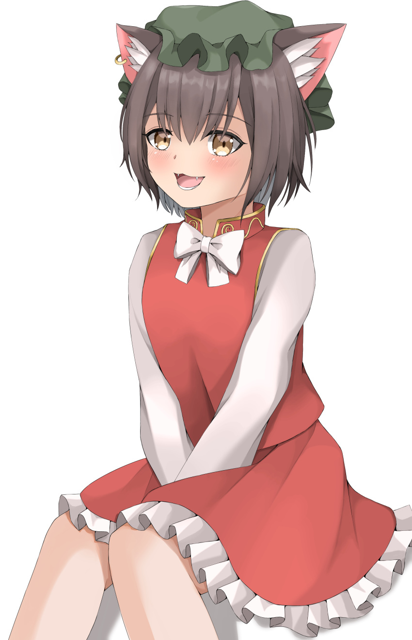 1girl :d absurdres animal_ear_fluff animal_ears blush bow bowtie breasts brown_eyes brown_hair cat_ears chen dress fangs feet_out_of_frame gold_trim hat highres jewelry knees_together_feet_apart looking_at_viewer midunana mob_cap no_tail open_mouth red_dress short_hair simple_background single_earring sitting small_breasts smile solo touhou v_arms white_background white_neckwear