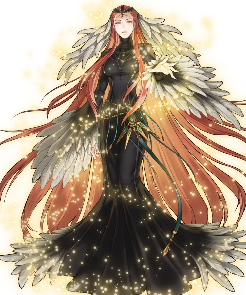 1girl ashera_(fire_emblem) black_dress breasts circlet detached_sleeves dress feather_trim feathers fingernails fire_emblem fire_emblem:_radiant_dawn fire_emblem_heroes gem hair_ornament hand_up highres jewelry kita_senri light_particles long_dress long_hair long_sleeves looking_at_viewer medium_breasts official_art parted_lips red_eyes redhead standing transparent_background turtleneck wide_sleeves