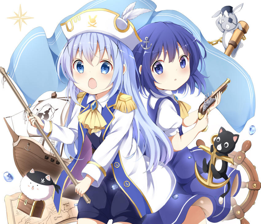 2girls :o absurdres anchor_hair_ornament angora_rabbit animal anko_(gochiusa) anti-materiel_rifle antique_firearm ascot bangs blue_dress blue_eyes blue_hair blue_shorts blue_vest blush collared_shirt commentary_request dress epaulettes eyebrows_visible_through_hair firearm firelock flag flintlock fuiba_fuyu gochuumon_wa_usagi_desu_ka? gun hair_between_eyes hair_ornament handgun hat highres holding holding_gun holding_weapon jacket kafuu_chino long_hair map multiple_girls open_clothes open_jacket open_mouth parted_lips pirate pirate_hat pirate_ship pistol puffy_short_sleeves puffy_shorts puffy_sleeves rabbit revision rifle ship ship's_wheel shirt short_shorts short_sleeves shorts simple_background sleeveless sleeveless_dress sniper_rifle stick_jitb tippy_(gochiusa) treasure_chest very_long_hair vest watercraft weapon white_background white_headwear white_jacket white_shirt wild_geese x_hair_ornament yellow_neckwear