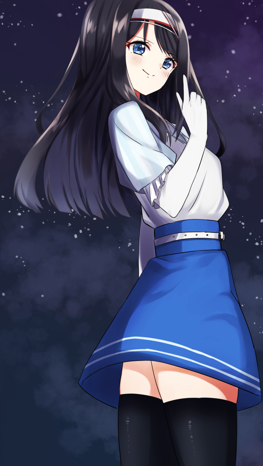 1girl bangs black_hair blue_eyes blue_shirt blue_skirt breasts elbow_gloves finger_gun from_side gloves highres long_hair pocchari pointing pointing_up shimanami_kakino shirt shirt_tucked_in silver_hairband skirt sky small_breasts smile solo star_(sky) starry_sky thigh-highs virtual_kouhou_taishi_project virtual_youtuber white_gloves