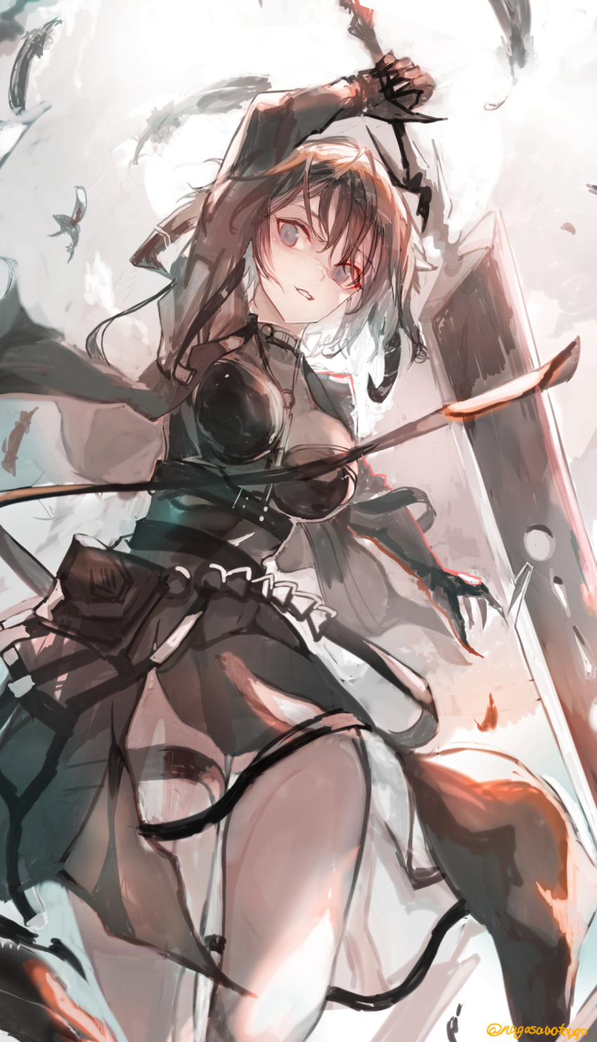 1girl arm_up bangs black_hair breasts claws commission feathers from_below grey_eyes highres holding holding_sword holding_weapon horns large_breasts long_sleeves nagasawa_tougo original pantyhose short_hair solo strap sword thigh_strap twitter_username weapon