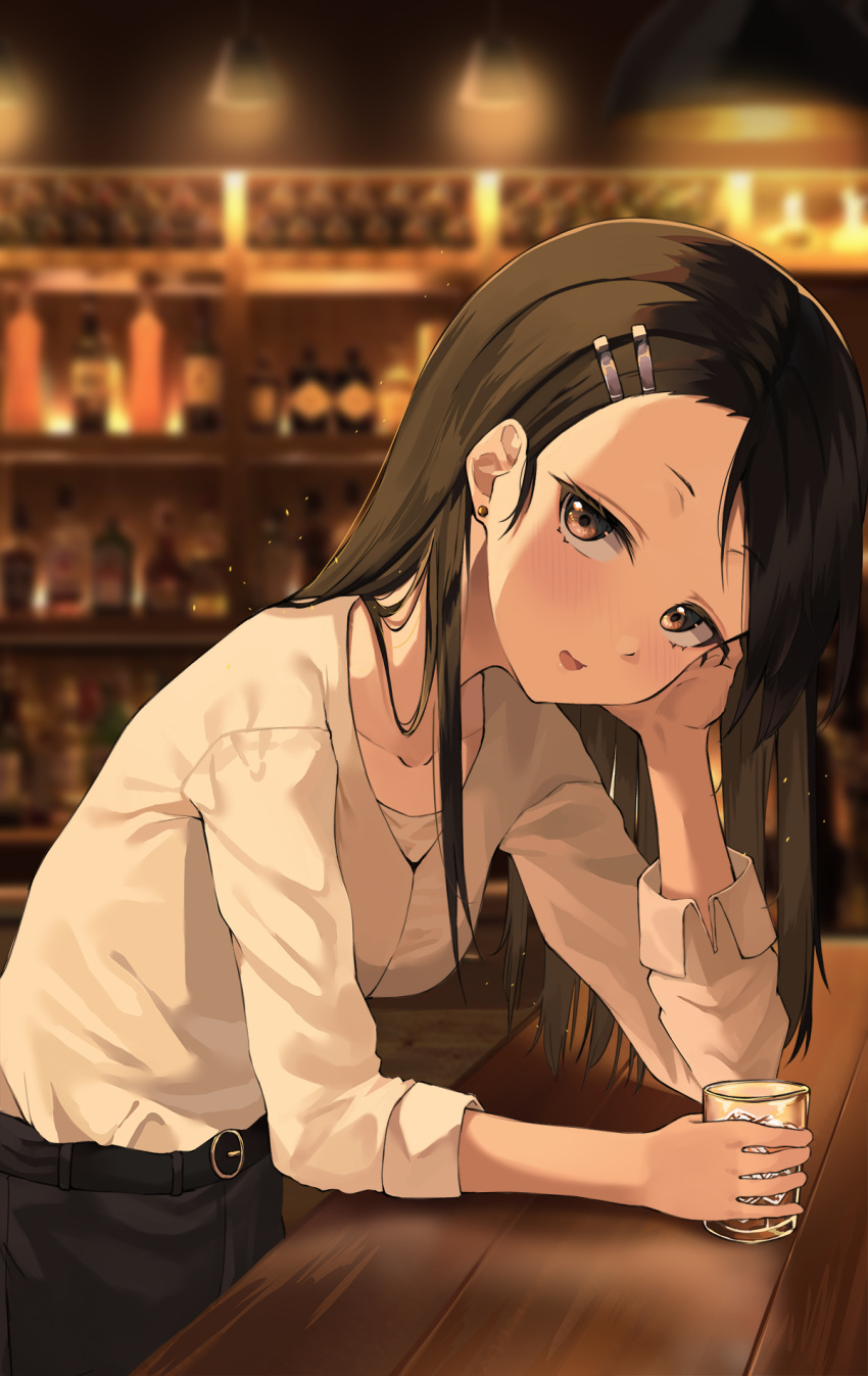 1girl arm_support bar belt black_hair black_pants blurry blurry_background blush bottle breasts brown_eyes collarbone commentary_request cup earrings hair_ornament hairclip highres holding holding_cup ijiranaide_nagatoro-san jewelry junkt729 light_smile long_hair looking_at_viewer medium_breasts nagatoro_hayase older open_mouth pants shirt solo white_shirt