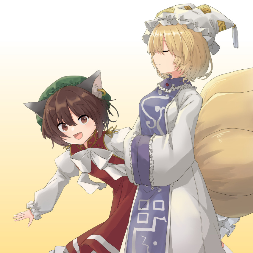 2girls :d animal_ear_fluff animal_ears beige_background blonde_hair bow bowtie breasts brown_eyes brown_hair cat_ears chen closed_eyes dress flat_chest fox_ears fox_tail hat highres ijisakio_sushi jewelry juliet_sleeves large_breasts light_blush long_sleeves looking_at_viewer mob_cap multiple_girls multiple_tails open_mouth pillow_hat puffy_sleeves red_dress short_hair simple_background single_earring smile tabard tail touhou white_dress white_neckwear yakumo_ran