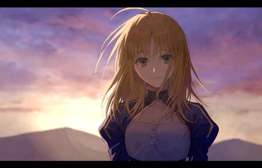 1girl 311chabi ahoge artoria_pendragon_(all) bangs blonde_hair blue_dress breasts cleavage_cutout clothing_cutout clouds dress fate/stay_night fate_(series) green_eyes hair_down highres juliet_sleeves long_sleeves puffy_sleeves saber sky small_breasts solo sunset