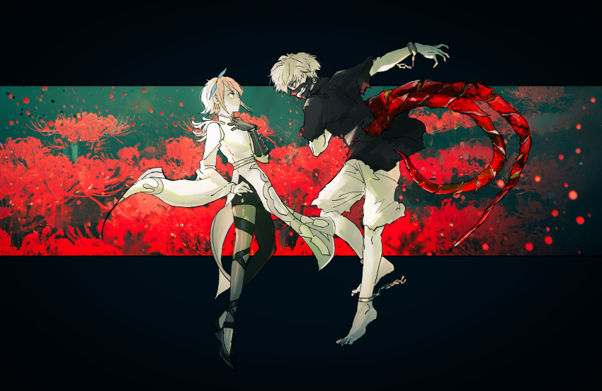 1boy absurdres black_shirt bow character_request creator_connection cuffs flower highres ishida_sui jack_jeanne kagune_(tokyo_ghoul) kaneki_ken mask pants shackles shirt spider_lily tokyo_ghoul white_hair white_pants