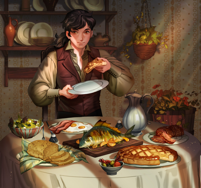 1boy absurdres bacon black_hair breakfast brown_eyes character_request copyright_request dishes fish food fried_egg ham highres holding holding_food looking_at_viewer olive pie plant ponytail potted_plant salad salt_shaker silverheather smile solo toast