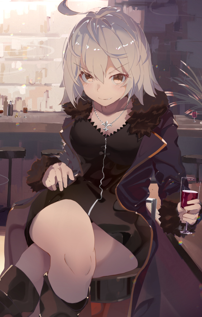 1girl absurdres ahoge bangs black_coat black_dress breasts coat collarbone dress fate/grand_order fate_(series) fur-trimmed_coat fur_trim grey_background grey_hair highres jeanne_d'arc_(alter)_(fate) jeanne_d'arc_(fate)_(all) jewelry long_sleeves looking_at_viewer medium_breasts medium_hair necklace open_clothes open_coat same_(sendai623) sitting solo wicked_dragon_witch_ver._shinjuku_1999 yellow_eyes
