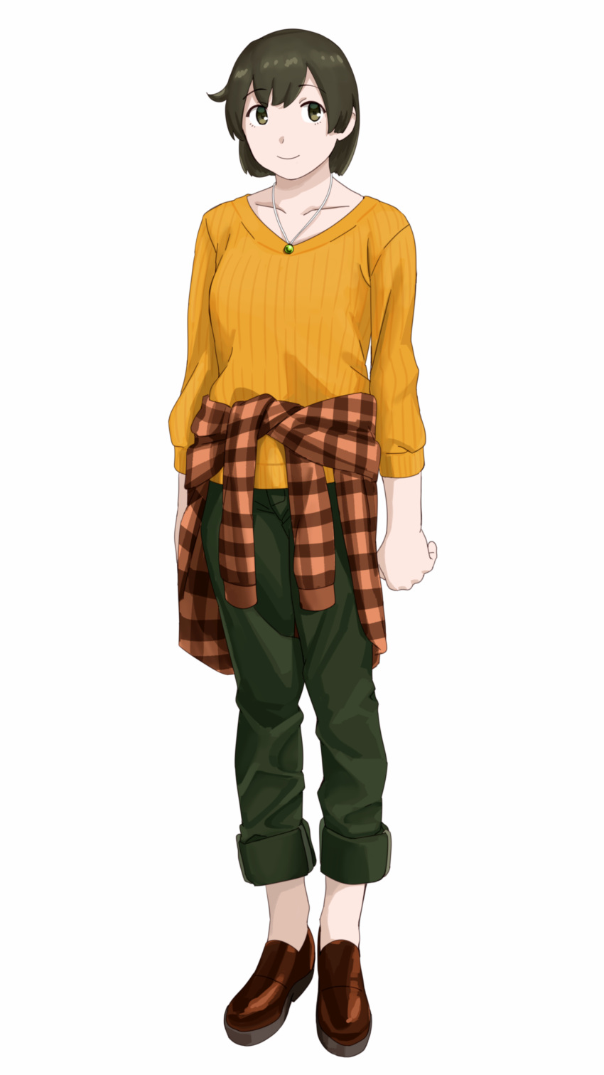 1girl absurdres alternate_costume bangs brown_eyes brown_footwear brown_hair clothes_around_waist green_pants highres hiryuu_(kancolle) jewelry kantai_collection necklace ojipon pants plaid ribbed_sweater short_hair simple_background smile solo standing sweater white_background yellow_sweater