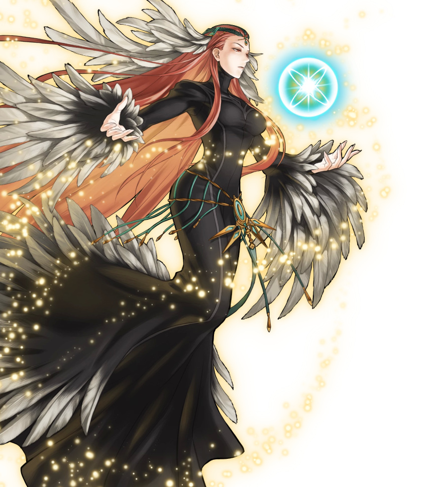 1girl ashera_(fire_emblem) black_dress breasts circlet closed_mouth detached_sleeves dress feather_trim feathers fingernails fire_emblem fire_emblem:_radiant_dawn fire_emblem_heroes gem gradient gradient_clothes hair_ornament highres jewelry kita_senri light_particles long_dress long_hair long_sleeves looking_away magic medium_breasts official_art red_eyes redhead solo transparent_background turtleneck wide_sleeves
